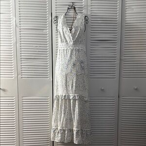 White Tiered Maxi Dress Plunge Neckline Sleeveless
